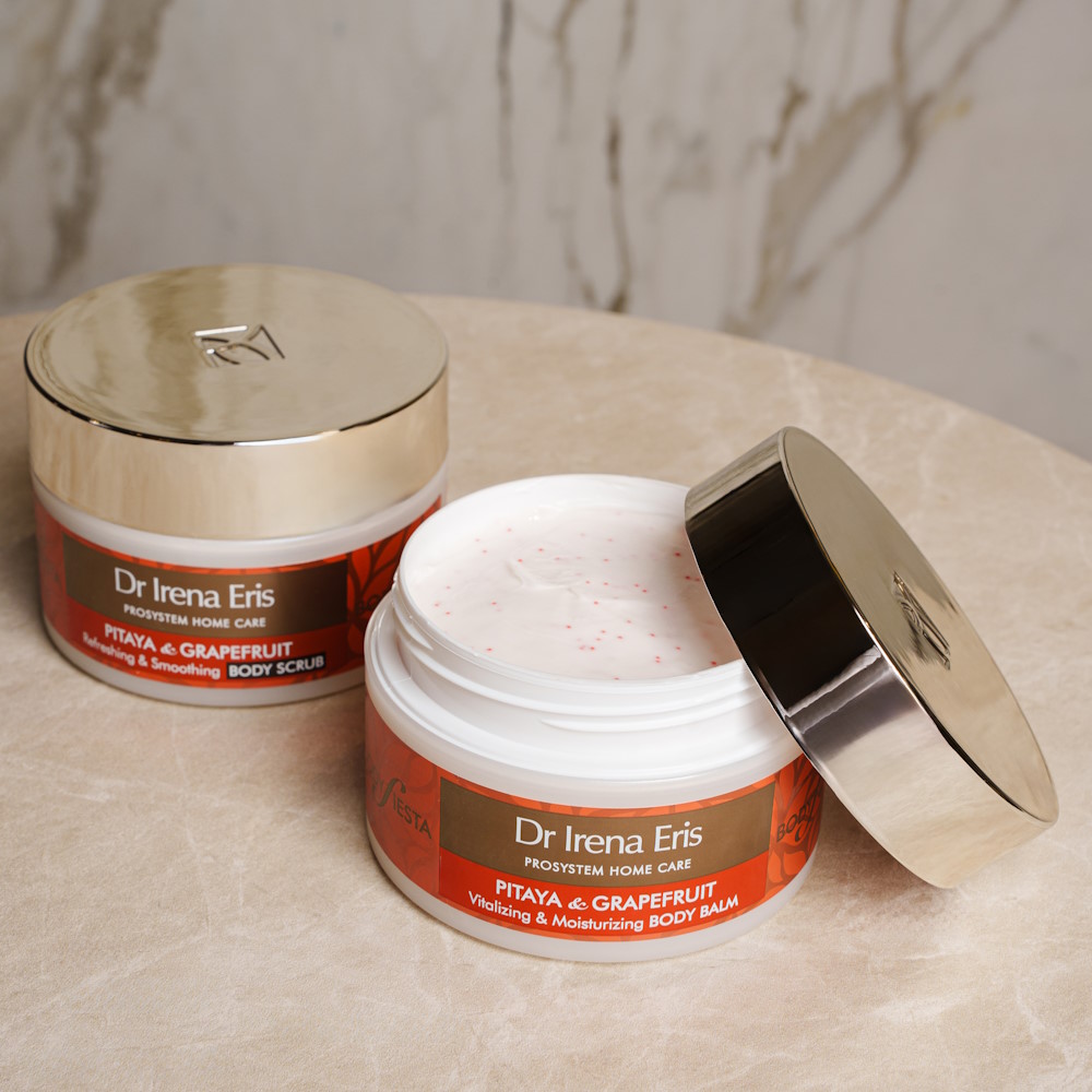 Krem do ciała Pitaya Dr Irena Eris, modelka pozująca z głównymi składnikami kremu